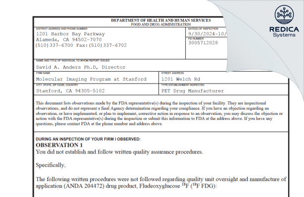 FDA 483 - Molecular Imaging Program At Stanford [Stanford / United States of America] - Download PDF - Redica Systems