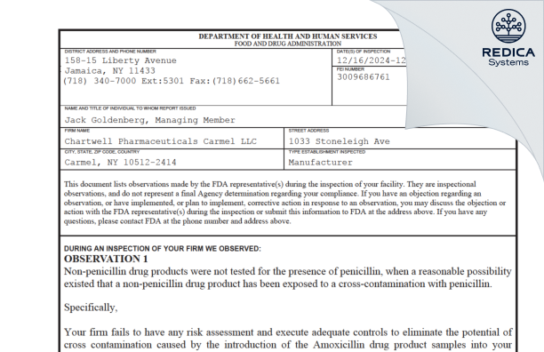 FDA 483 - Chartwell Pharmaceuticals Carmel, LLC [Carmel / United States of America] - Download PDF - Redica Systems