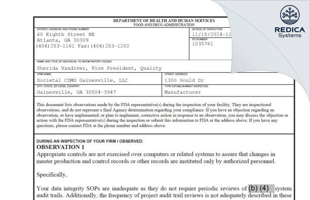 FDA 483 - Societal CDMO Gainesville, LLC [Gainesville / United States of America] - Download PDF - Redica Systems