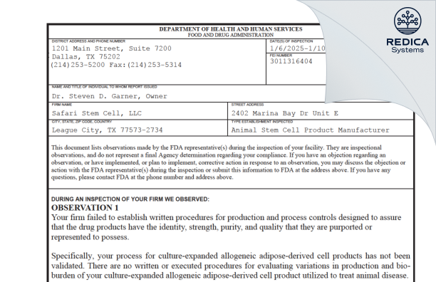 FDA 483 - Safari Stem Cell, LLC [League City / United States of America] - Download PDF - Redica Systems