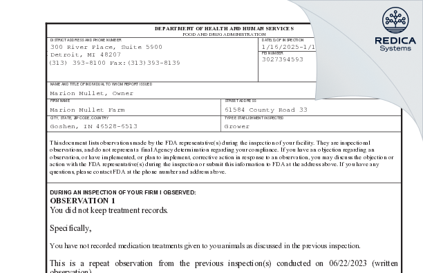 FDA 483 - Marion Mullet Farm [Goshen / United States of America] - Download PDF - Redica Systems