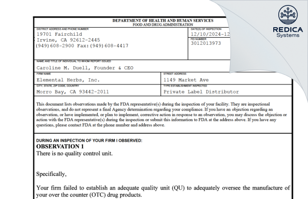 FDA 483 - Elemental Herbs, Inc. [Morro Bay / United States of America] - Download PDF - Redica Systems