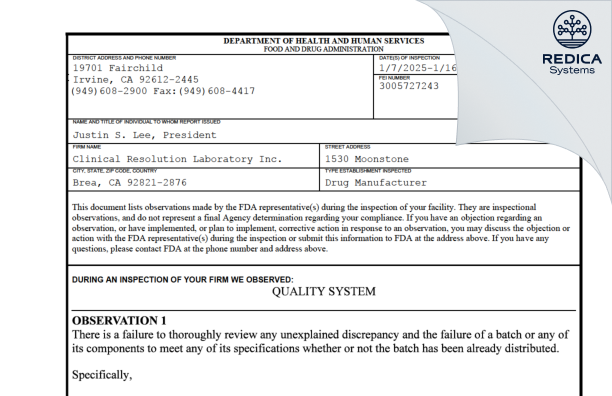 FDA 483 - Clinical Resolution Laboratory, Inc. [Brea / United States of America] - Download PDF - Redica Systems