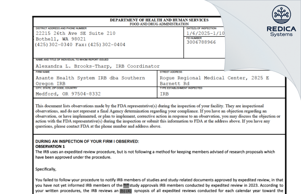 FDA 483 - Asante Health System IRB [Medford / United States of America] - Download PDF - Redica Systems
