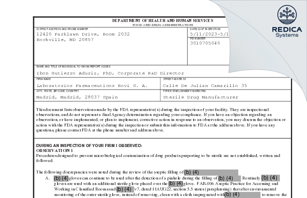 FDA 483 - LABORATORIOS FARMACEUTICOS ROVI S.A. [Madrid / Spain] - Download PDF - Redica Systems