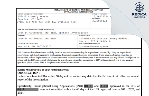 FDA 483 - Jose D. Gutierrez, MD, MPH [New York / United States of America] - Download PDF - Redica Systems
