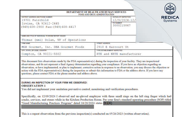 FDA 483 - MGH Gourmet, Inc. DBA Gourmet Foods [Compton / United States of America] - Download PDF - Redica Systems