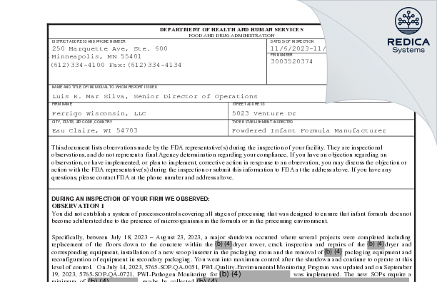 FDA 483 - Perrigo Wisconsin, LLC [Eau Claire / United States of America] - Download PDF - Redica Systems