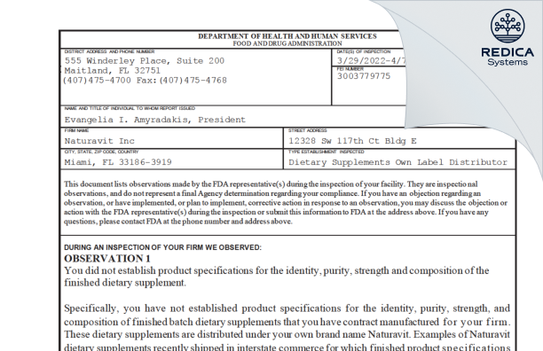 FDA 483 - Naturavit Inc [Miami / United States of America] - Download PDF - Redica Systems