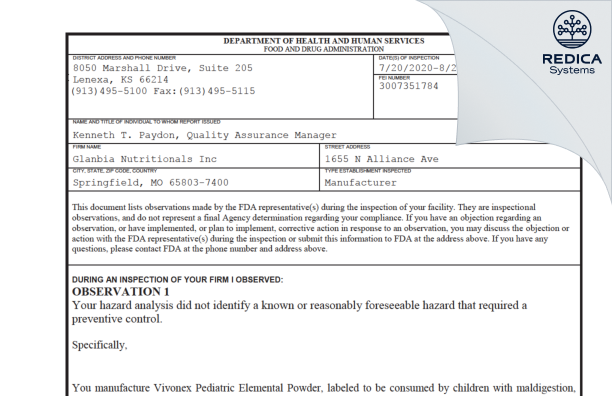 FDA 483 - Glanbia Nutritionals Inc [Springfield / United States of America] - Download PDF - Redica Systems