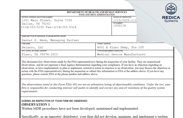 FDA 483 - Delasco, LLC [Council Bluffs / United States of America] - Download PDF - Redica Systems