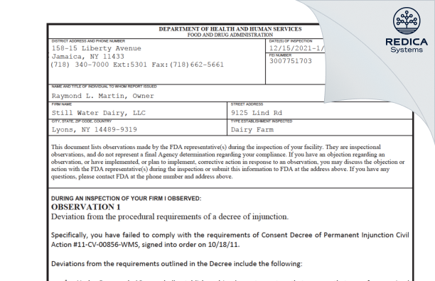 FDA 483 - Still Water Dairy, LLC [Lyons / United States of America] - Download PDF - Redica Systems