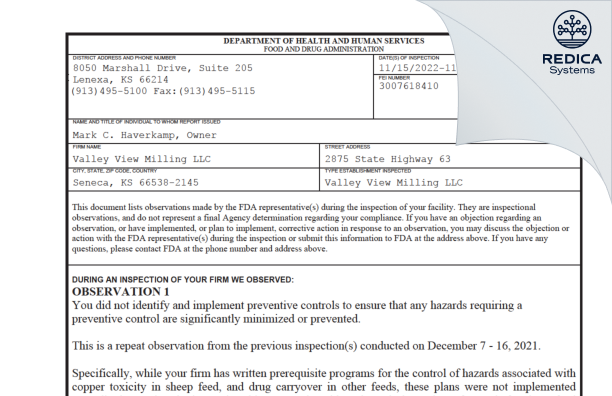 FDA 483 - Valley View Milling LLC [Seneca / United States of America] - Download PDF - Redica Systems