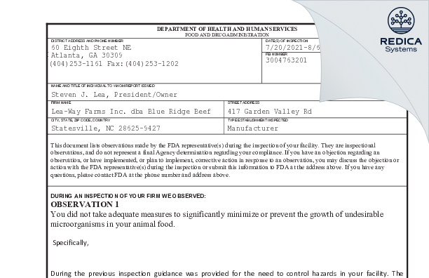 FDA 483 - Lea-Way Farms Inc. dba Blue Ridge Beef [Statesville / United States of America] - Download PDF - Redica Systems