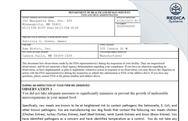 FDA 483 - Raw Bistro, Inc. [Cannon Falls / United States of America] - Download PDF - Redica Systems