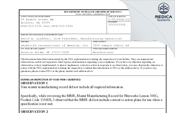 FDA 483 - Herbalife International of America [Winston Salem / United States of America] - Download PDF - Redica Systems