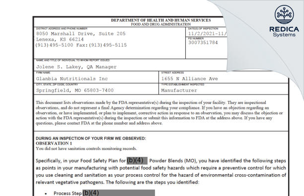 FDA 483 - Glanbia Nutritionals Inc [Springfield / United States of America] - Download PDF - Redica Systems