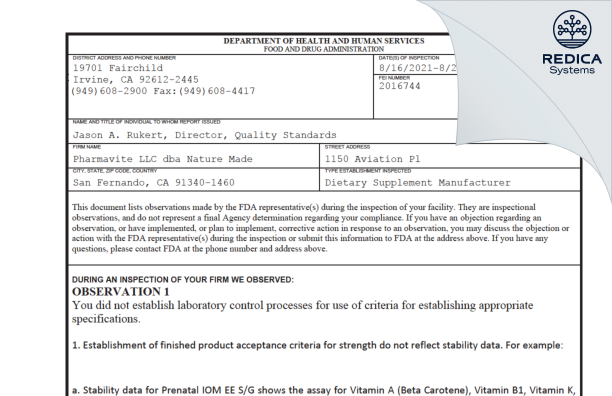 FDA 483 - Pharmavite LLC dba Nature Made [San Fernando / United States of America] - Download PDF - Redica Systems