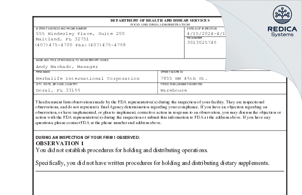 FDA 483 - Herbalife International Corporation [Doral / United States of America] - Download PDF - Redica Systems
