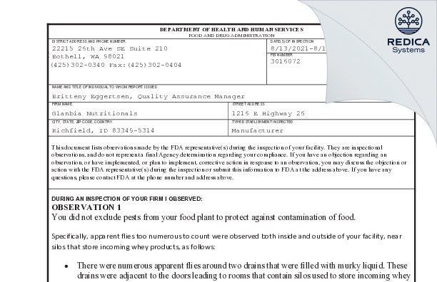 FDA 483 - Glanbia Nutritionals [Richfield / United States of America] - Download PDF - Redica Systems