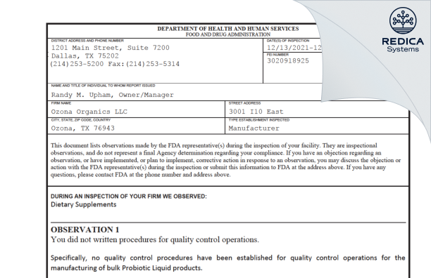 FDA 483 - Ozona Organics LLC [Ozona / United States of America] - Download PDF - Redica Systems