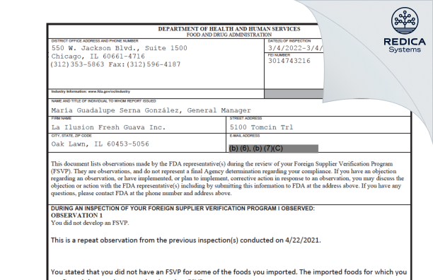 FDA 483 - La Ilusion Fresh Guava Inc. [Oak Lawn / United States of America] - Download PDF - Redica Systems
