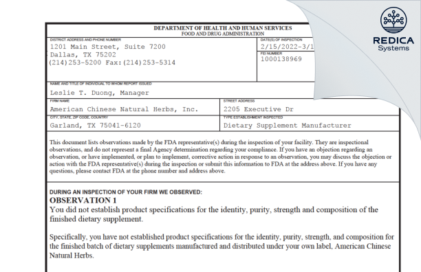 FDA 483 - American Chinese Natural Herbs, Inc. [Garland / United States of America] - Download PDF - Redica Systems