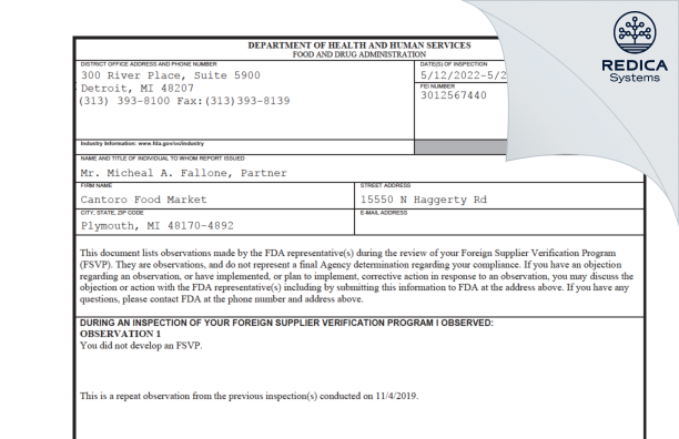 FDA 483 - Cantoro Food Market [Plymouth / United States of America] - Download PDF - Redica Systems