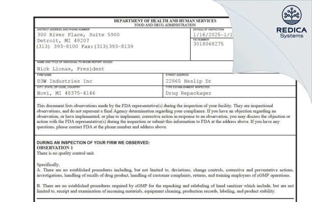 FDA 483 - D3W Industries Inc. [Novi / United States of America] - Download PDF - Redica Systems