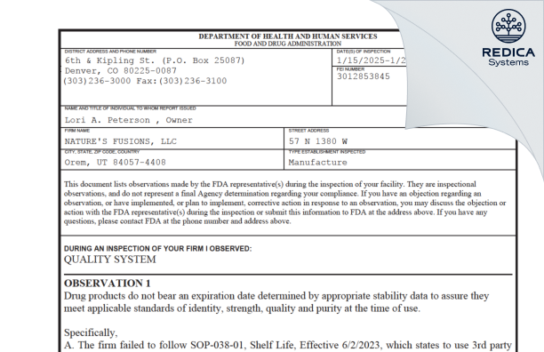FDA 483 - NATURE'S FUSIONS, LLC [Orem / United States of America] - Download PDF - Redica Systems