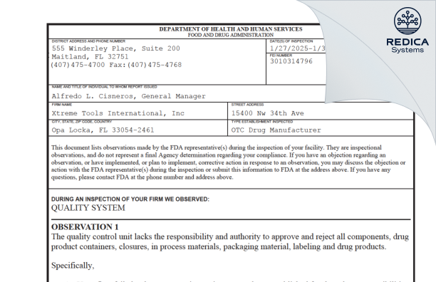 FDA 483 - Xtreme Tools International, Inc [Opa Locka / United States of America] - Download PDF - Redica Systems