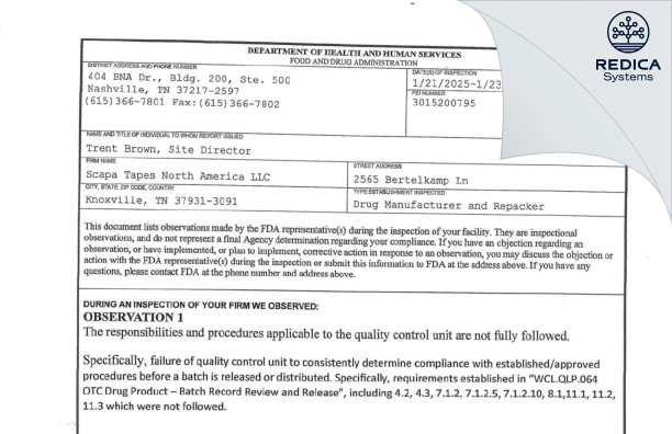 FDA 483 - Scapa Tapes North America, LLC [Knoxville / United States of America] - Download PDF - Redica Systems