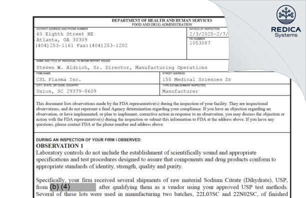 FDA 483 - CSL Plasma, Inc [Union / United States of America] - Download PDF - Redica Systems