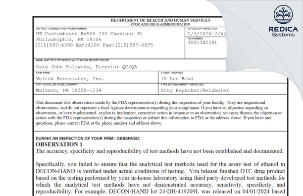 FDA 483 - Veltek Associates, Inc. [Malvern / United States of America] - Download PDF - Redica Systems