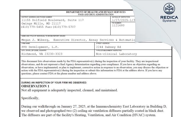 FDA 483 - PPD Development, L.P. [Richmond / United States of America] - Download PDF - Redica Systems