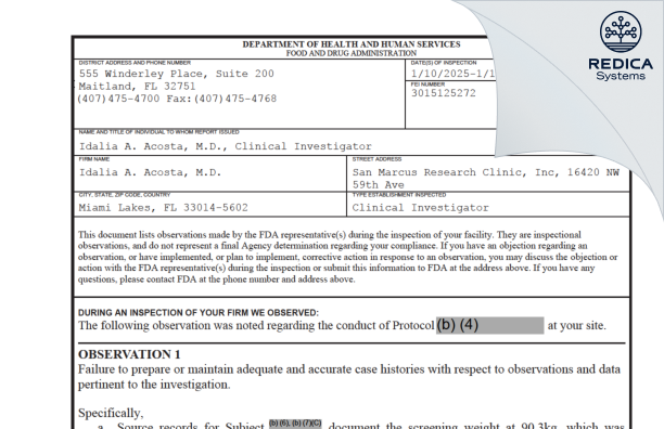 FDA 483 - Idalia Acosta, M.D. [Hialeah / United States of America] - Download PDF - Redica Systems