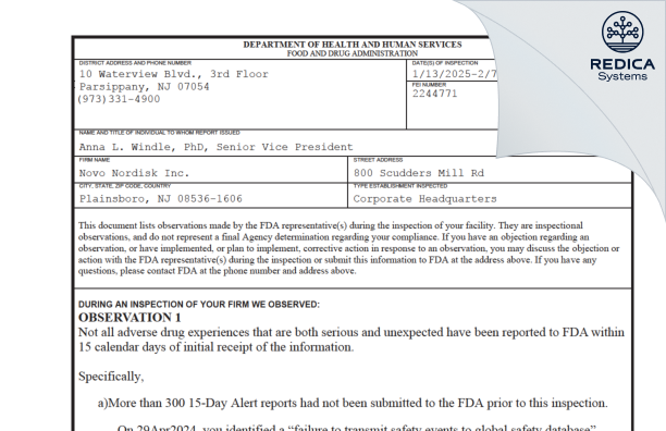 FDA 483 - Novo Nordisk Inc. [Plainsboro / United States of America] - Download PDF - Redica Systems