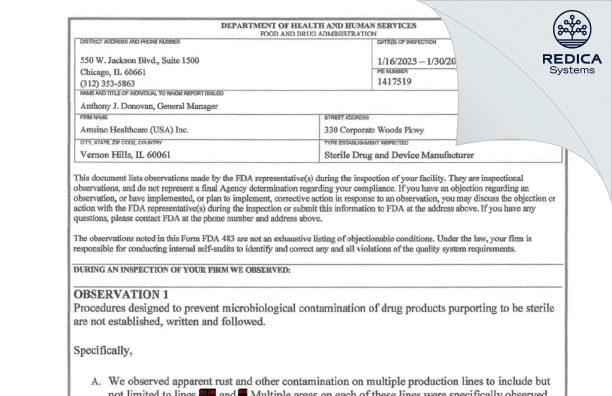FDA 483 - Amsino Healthcare (USA) Inc. [Vernon Hills / United States of America] - Download PDF - Redica Systems