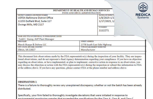 FDA 483 - Merck Sharp & Dohme LLC [Elkton / United States of America] - Download PDF - Redica Systems
