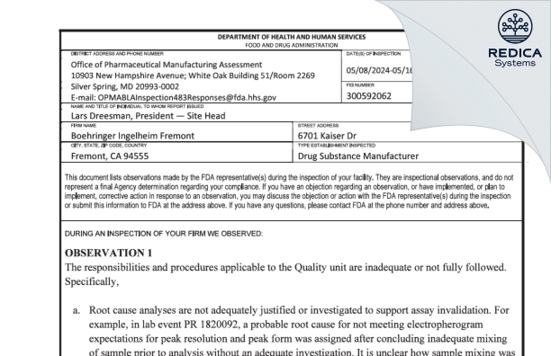 FDA 483 - Boehringer Ingelheim Fremont [Fremont / United States of America] - Download PDF - Redica Systems