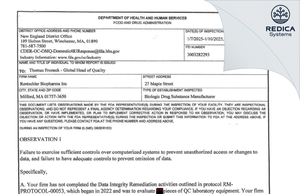 FDA 483 - Rentschler Biopharma Inc. [Milford / United States of America] - Download PDF - Redica Systems