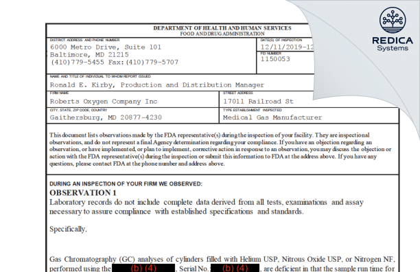 FDA 483 - Roberts Oxygen Company, Inc. [Gaithersburg / United States of America] - Download PDF - Redica Systems