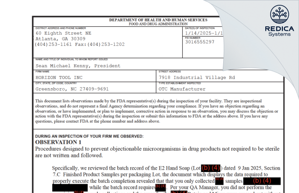 FDA 483 - Horizon Tool Inc. [Greensboro / United States of America] - Download PDF - Redica Systems