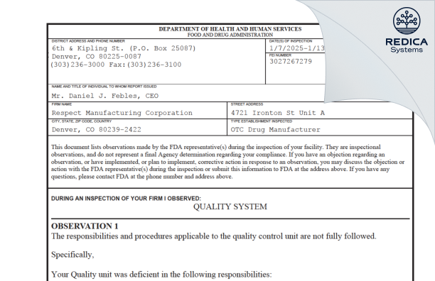 FDA 483 - Respect Manufacturing Corporation [Denver / United States of America] - Download PDF - Redica Systems