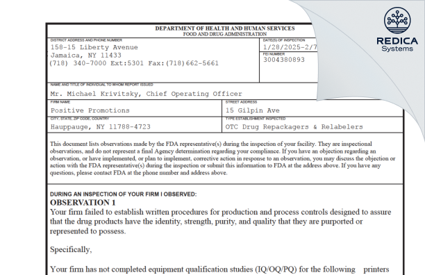 FDA 483 - Positive Promotions Inc. [Hauppauge / United States of America] - Download PDF - Redica Systems