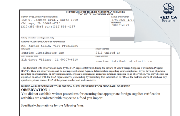 FDA 483 - Sunrise Distributors Inc [Elk Grove Village / United States of America] - Download PDF - Redica Systems