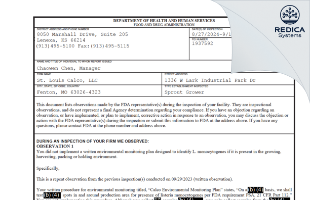 FDA 483 - St Louis Calco LLC [Fenton / United States of America] - Download PDF - Redica Systems