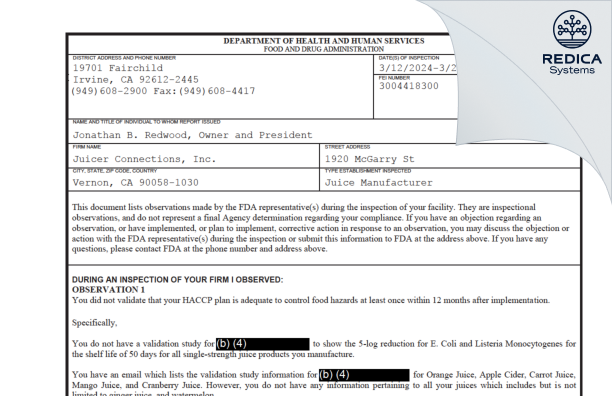 FDA 483 - Juicer Connections, Inc. [Vernon / United States of America] - Download PDF - Redica Systems