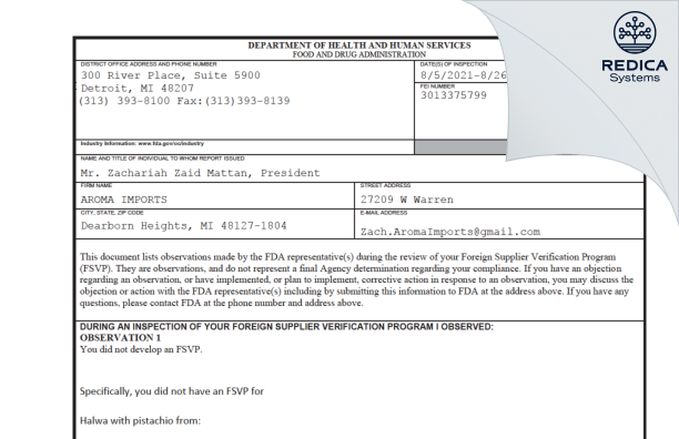 FDA 483 - AROMA IMPORTS [Dearborn / United States of America] - Download PDF - Redica Systems