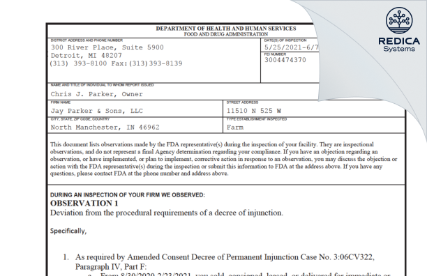 FDA 483 - Jay Parker & Sons, LLC [North Manchester / United States of America] - Download PDF - Redica Systems